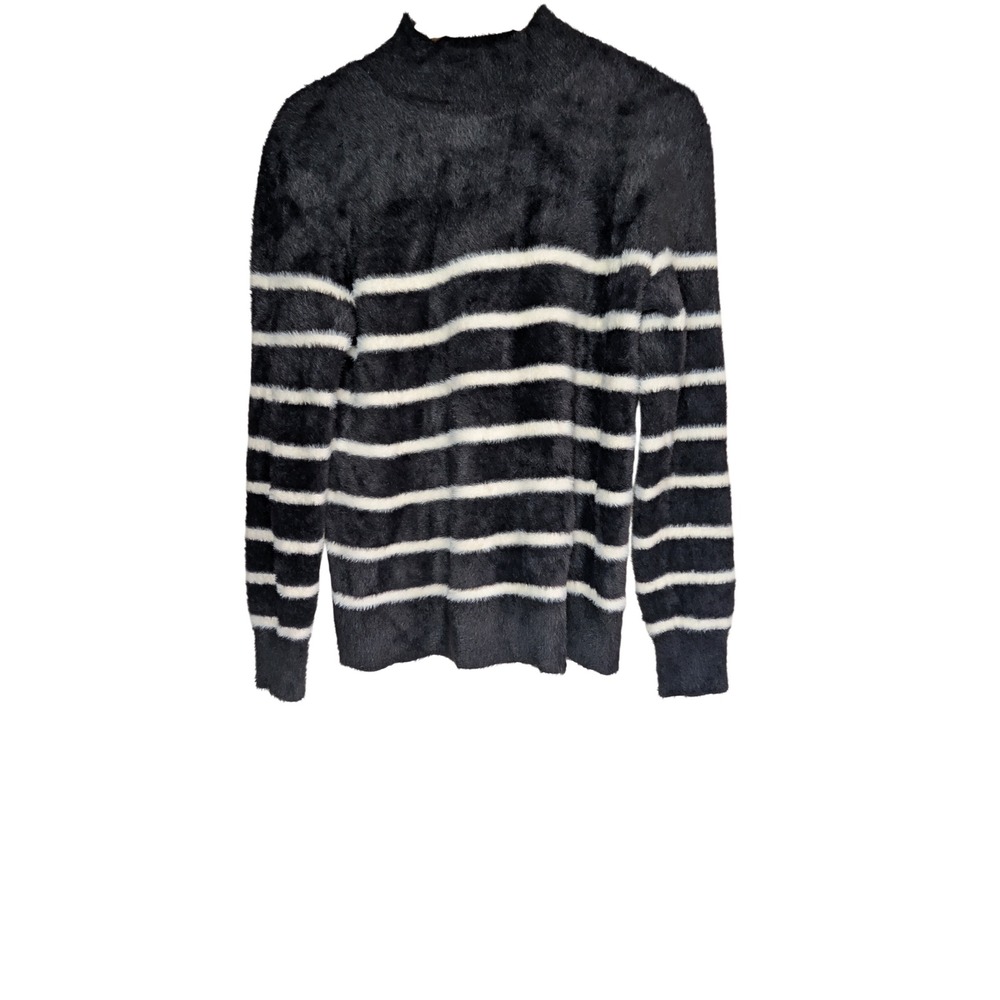 Bailey 44 Womens Black White Striped Fuzzy Eyelash Knit Mock Neck Sweater Size S